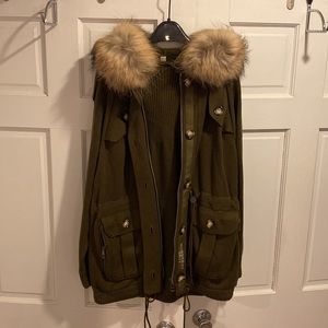 Burberry Brit Cardigan with fur-trim hood. Size S.